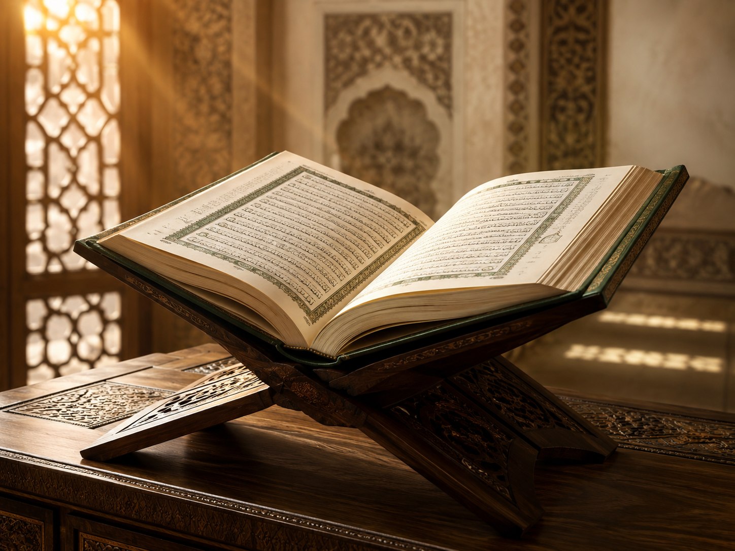 An open Holy Qur'an resting respectfully on a carved wooden rehal in warm morning light